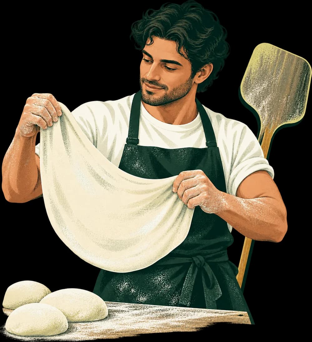Illustrazione originale di un pizzaiolo che stende l’impasto al banco.